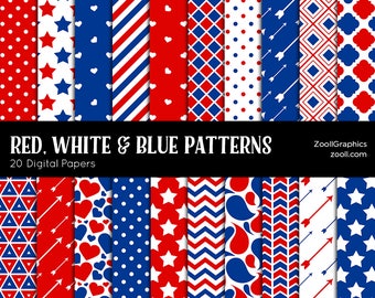 Red, White & Blue Patterns, 20 Digital Papers 12“x12“, Photoshop Pattern File PAT Included, Seamless, Commercial Use, INSTANT DOWNLOAD