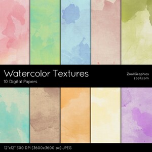 Textures d’aquarelle, papier numérique, 10 papiers numériques (12&quot;x12 »), Utilisation commerciale, TÉLÉCHARGEMENT INSTANTANÉ