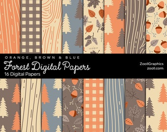 Forest Digital Papers – Orange, Brown & Blue, Autumn, Background Paper, 16 Digital Papers 12x12, Commercial Use, INSTANT DOWNLOAD