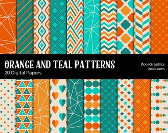 Orange And Teal Patterns, 20 Digital Papers 12x12, Pattern File .PAT Included, Seamless, Background Patterns, Geometric, INSTANT DOWNLOAD