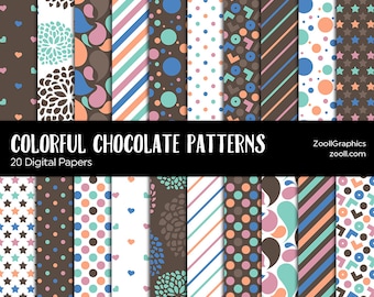 Colorful Chocolate Patterns, 20 Digital Papers 12x12, Seamless, Baby Shower Background Invitations, Commercial Use, INSTANT DOWNLOAD