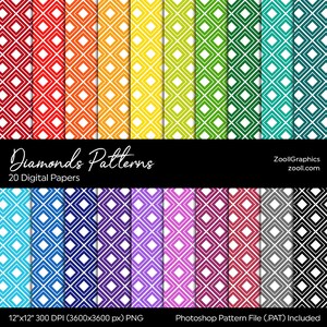 Diamonds Patterns, 20 Digital Papers 12“x12“, PAT File Included, Rainbow Scrapbook Paper, Seamless Paper, Commercial Use, INSTANT DOWNLOAD