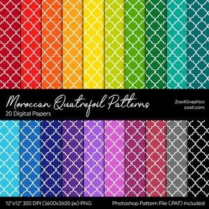 Marokkaanse Quatrefoil Patronen, 20 Digitale Papers 12"x12", PAT File, Rainbow Scrapbook Achtergrond, Naadloos, Commercieel gebruik, INSTANT DOWNLOAD