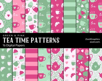 Tea Time Patterns Green & Pink, 16 Digital Papers 12x12, Photoshop Pattern File PAT Included, Seamless, Commercial Use, INSTANT DOWNLOAD