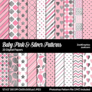 Modelli rosa baby e argento, 20 documenti digitali 12"x12", sfondo per baby shower, file PAT, carta senza giunture, uso commerciale, DOWNLOAD IMMEDIATO