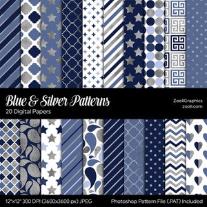 Blau & Silber Muster, 20 digitale Papiere 12 "x 12", Photoshop Muster Datei PAT enthalten, nahtlos, kommerzielle Nutzung, INSTANT DOWNLOAD