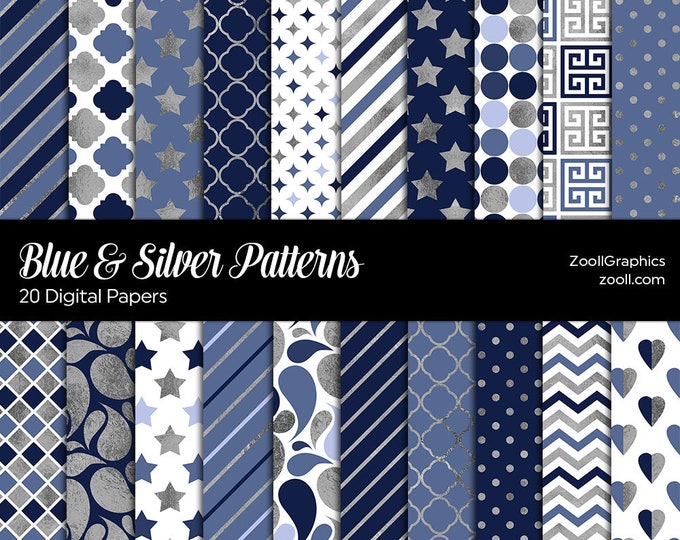 Fancy Silver Pattern Blue Blue & Silver Patterns, 20 Digital Papers 12“x12“, Photoshop Pattern ...