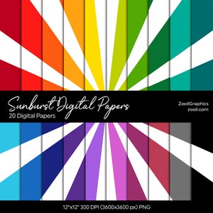 Sunburst Rainbow Digital Papers, 12 Digital Papers, Rainbow Scrapbook Paper, 12x12, Commercial Use, INSTANT DOWNLOAD