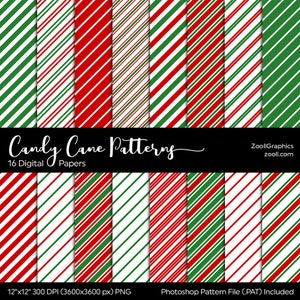Candy Cane Patterns, 16 papiers numériques 12x12, sans couture, fichier PAT, papier de Noël, rayures rouges et vertes, utilisation commerciale, TÉLÉCHARGEMENT INSTANTANÉ