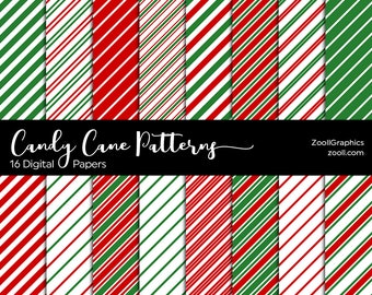 Candy Cane Patterns, 16 Digital Papers 12x12, Seamless, PAT file, Christmas Paper, Red and Green Stripes , Commercial Use, INSTANT DOWNLOAD