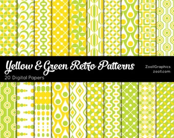 Yellow And Green Retro Patterns, 20 Digital Papers (12“x12“), Photoshop Pattern File PAT Included, Seamless, Commercial Use INSTANT DOWNLOAD
