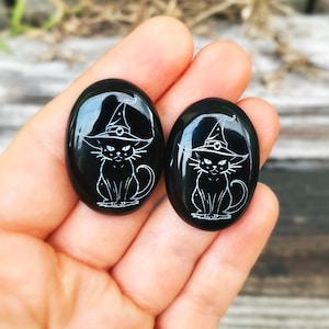 Cat cabochons, witchy cabochons, black cat cabochons, witch cat cabochons, cat jewelry, cat pendants, onyx cabochons, engraved cabochon