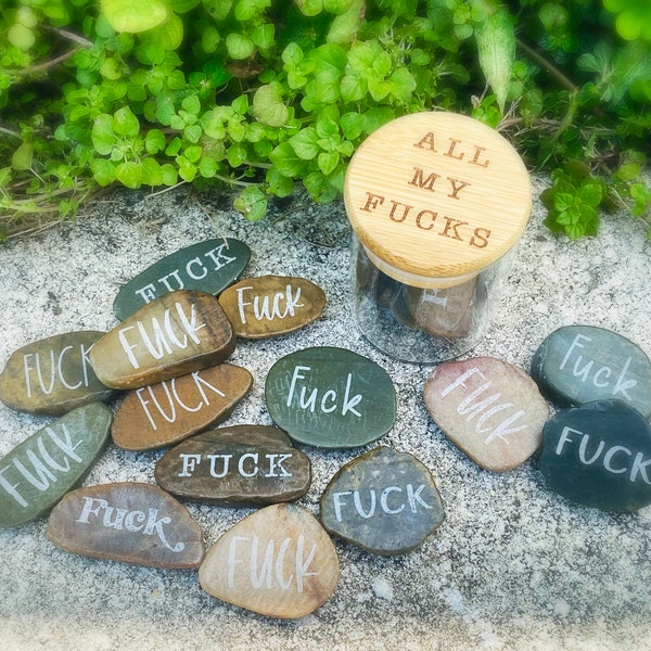 Jar of fucks, all my fucks, stone fucks, rock fucks, glass jar of fucks, laser engraved fucks rocks, funny gift