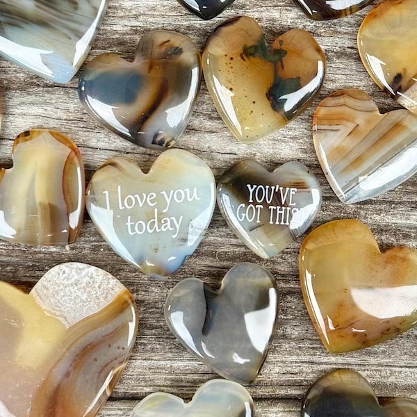 Custom engraved heart stones, personalized laser engraved stones, engraved rocks, pocket rocks, worry stones, family rocks, Montana agate