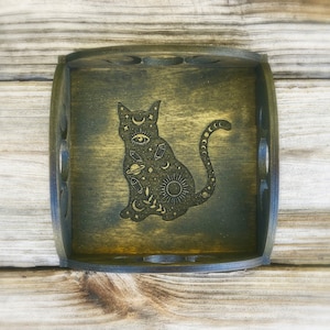 Celestial cat trinket dish tray, cat decor, cat tray, crystal tray, altar decoration, wood tray, wood trinket dish, tarot card storage