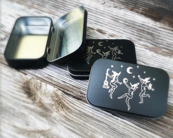 Engraved tin box, black witches dancing laser engraved tin box, organizational storage, witchy box, notions box