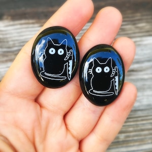 Cat cabochons, black cat cabochons, cat jewelry, cat pendant, onyx cabochons, engraved cabochons, cabochons for wire wrapping
