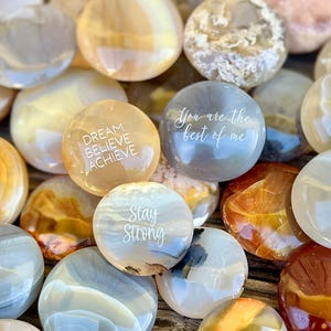 Personalized laser engraved rocks, engraved agate stones, custom engraved stones, agate palm stones, family rocks, pocket rocks