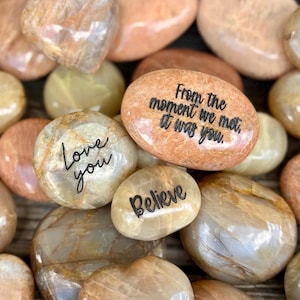 Personalized custom engraved rocks, message rocks, engraved moonstone, family rocks, engraved stone, moonstone palms