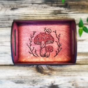 Mushroom snail rustic tray, crystal tray, crystal display tray, crystal holder, altar decoration, wood tray, mushroom tray, mushroom decor