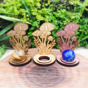 Sphere holder display stand, wood mushroom sphere holder, sphere stand, mushroom display stand