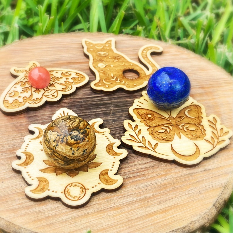 Mystical collection wood sphere holders, sphere display stands, cat sphere stand, butterfly sphere stand, set of 4 sphere stands holders image 4