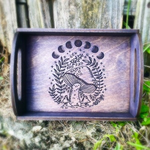Mushroom moon phases rustic tray, crystal tray, crystal display tray, crystal holder, altar decoration, moon tray, mushroom tray