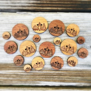 Bigfoot wood buttons, bulk wood buttons, cryptid buttons, mahogany wood buttons, wholesale wood buttons