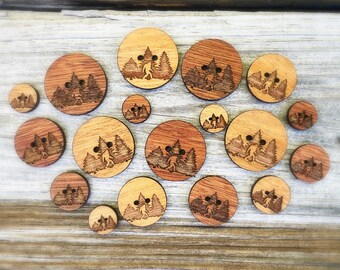 Bigfoot wood buttons, bulk wood buttons, cryptid buttons, mahogany wood buttons, wholesale wood buttons