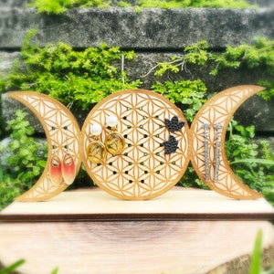 Triple moon flower of life earring display stand, moon display stand, earrings display, earrings holder, wood earring stand