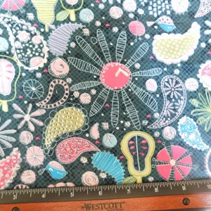 Puede incluir: Una tela verde oscuro con un patrón repetitivo de formas de paisley, flores y otros diseños abstractos en rosa, azul, verde y blanco.