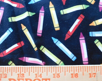 Destash- Over Half A Yard of Crayons On Black Cotton Fabric (G-331)