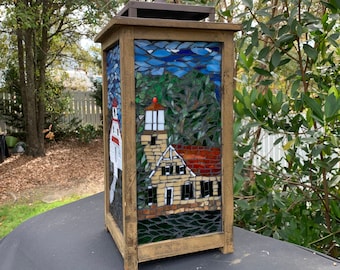 Extra large Lighthouses of Lake Michigan Mosaic Lantern, Stained glass mosaic lantern, Great Lakes Lighthouses