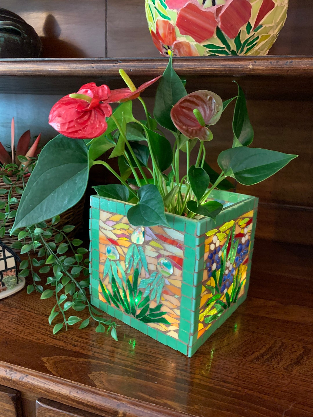 Stained Glass Mosaic Vase, Candle Holder, Planter, Stained Glass Mosaic