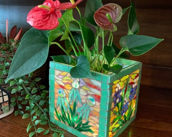 Stained glass mosaic vase, candle holder, planter, stained glass mosaic box