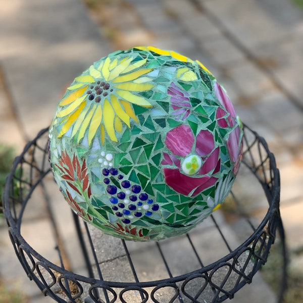 Mosaic Gazing Ball, Garden Ball, Garden Art, Gazing Ball, Garden Focal Point, Texas Wildflowers Gazing Ball, made to order gazing ball