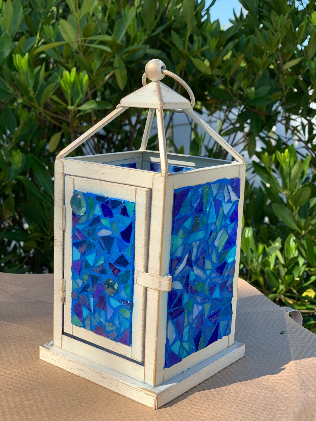 Stained Glass Mosaic Lantern in Ocean Shades of Blues, Mosaic Lantern ...