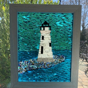 Stained glass mosaic lighthouse suncatcher, Glass lighthouse