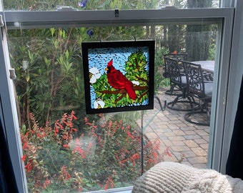 Stained glass mosaic cardinal suncatcher, cardinal mosaic, cardinal stained glass, stained glass window hanging