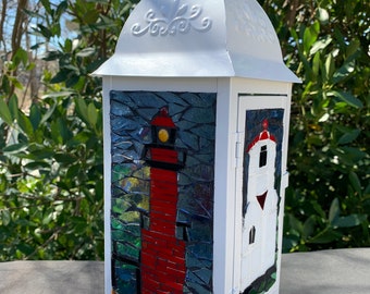 Lighthouses of Lake Michigan Mosaic Lantern, Stained glass mosaic lantern