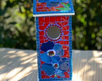 Handcrafted  birdhouse, BlueBird house, Bird watching, Unique birdhouses, the bird watcher, gardener gift,  mosaic birdhouse