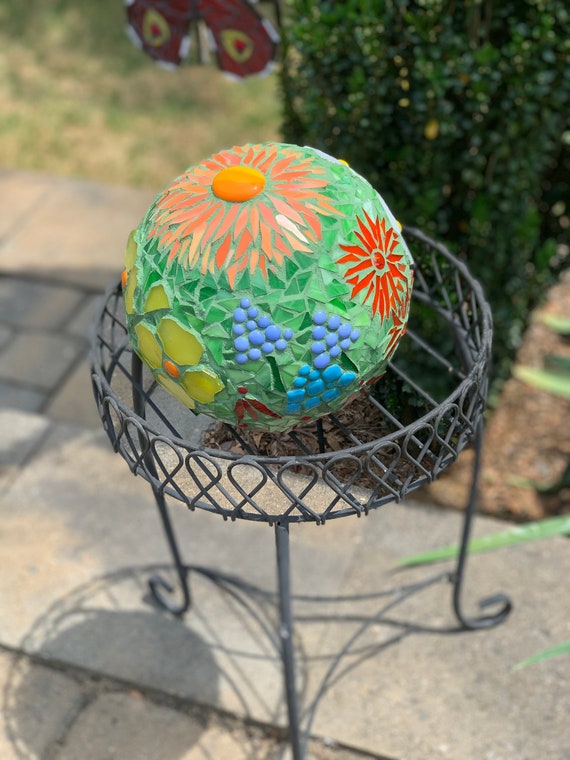 10-Inch Mosaic Glass Gazing Ball - Multi-Colored Flower Garden Decor