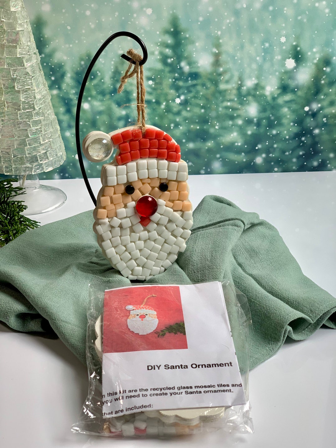 Santa Mosaic Ornament Kit, Christmas Craft Kit, DIY Ornament Kit, Kids