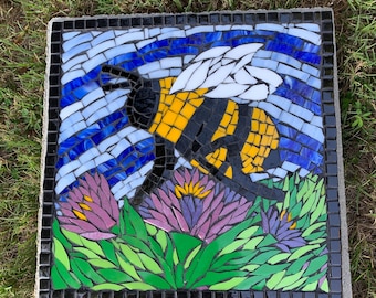 Stained Glass Mosaic Bee Stepping Stone, Garden Art