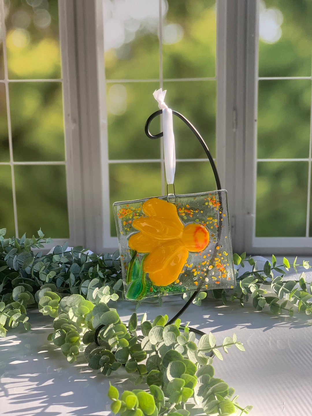 Fused Glass Daffodil Suncatcher, Spring Flower Window Decor - Etsy