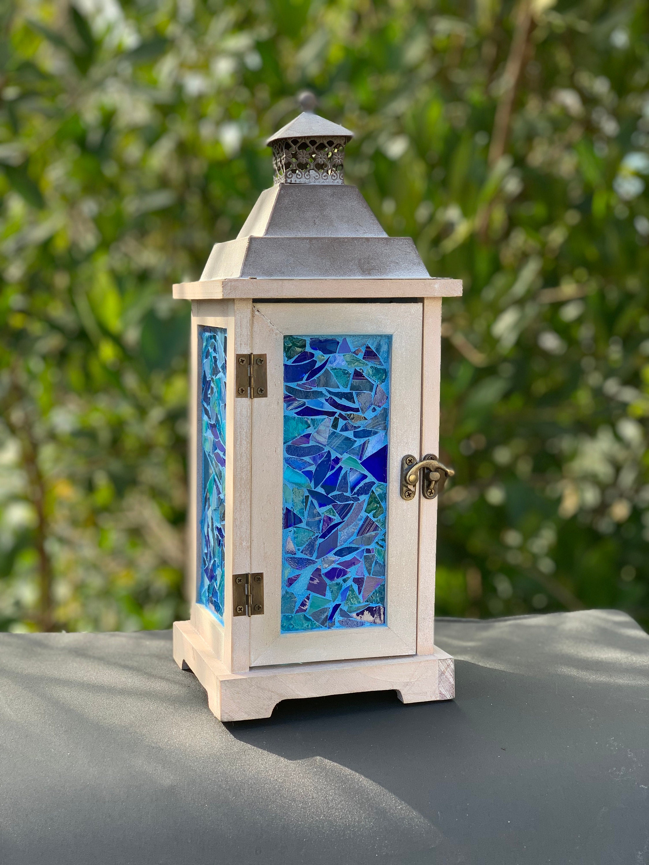 Stained Glass Mosaic Lantern, Ocean Blue Shades - Etsy