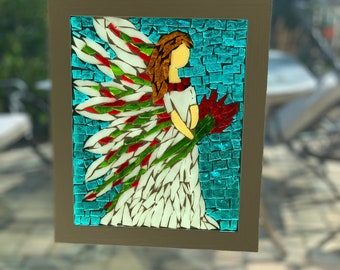 Stained Glass Mosaic Angel Suncatcher, Garden Art, 12x9