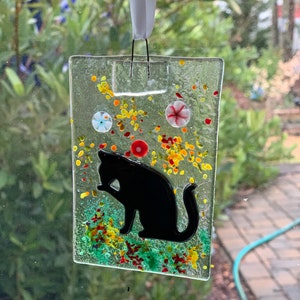 Fused glass cat suncatcher, Cat in the garden suncatcher