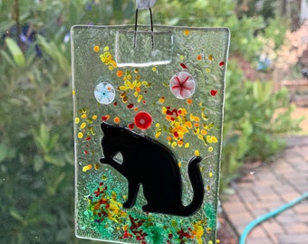 Fused glass cat suncatcher, Cat in the garden suncatcher
