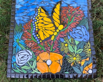 Mosaic stepping stone of a monarch butterfly, stained glass garden stepping stone